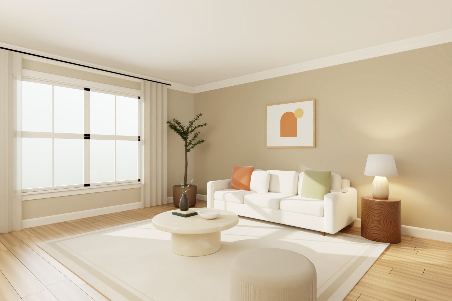 Staged living room with a cream sofa, travertine coffee table, sheer curtains at a large window and oak floors